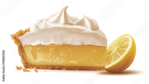 A digitally enhanced studio close-up photograph of a slice of tempting lemon meringue pie against a plain white background. The pie crust is studded with a bright yellowish lemon curd filling.