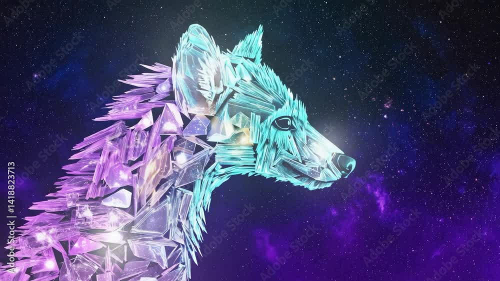 Abstract crystalline wolf head against a backdrop of distant stars and galaxies, futuristic and geometrically intriguing.