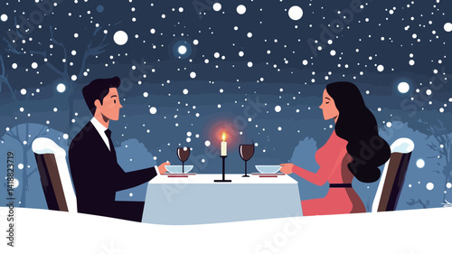 A digitally rendered illustration depicting a romantic dinner scene for two. A man and a woman, elegantly dressed, sit outdoors in the snow at a table for two. A single candle is lit.