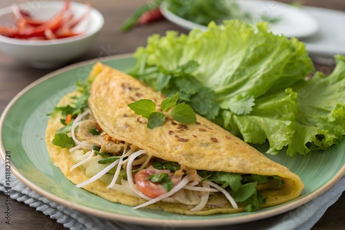 Banh xeo (Vietnamese savory pancake) folded on a plate with lettuce and herbs photo