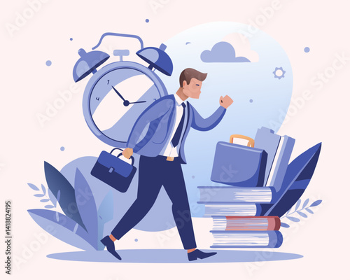 Workload and aggressive deadline causing exhaustion and burnout, overload or overworked office routine concept, tired businessman carrying heavy documents paperwork with alarm clock deadline on top