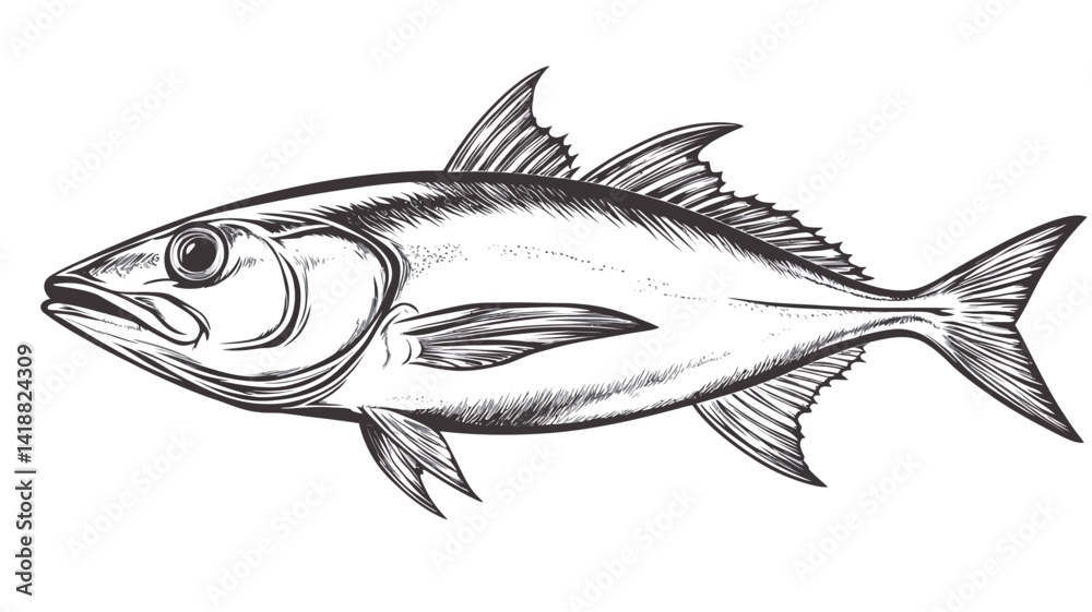 Obraz premium A detailed monochrome line drawing of a fish, rendered in a classic, almost engraving style. The illustration accurately shows the anatomical features of the fish, using different lines.