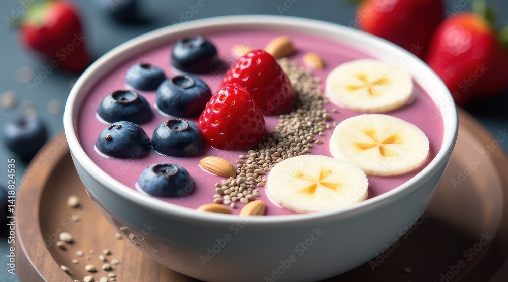 A vibrant smoothie bowl topped with fresh raspberries, blueberries, banana slices, and seeds, offering a colorful and healthy breakfast option A vibrant smoothie bowl topped with fresh raspberries, blueberries, banana slices, and seeds, offering a colorful and healthy breakfast option