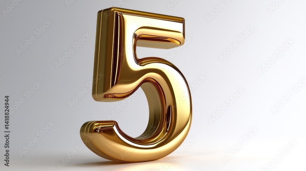 Naklejka premium Gold 3D Number 5 on Light Gray Background