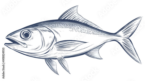 Detailed line drawing of a fish rendered in shades of blue. Illustration shows the fish in profile, highlighting its streamlined body, distinctive fins and scales, and detailed details.