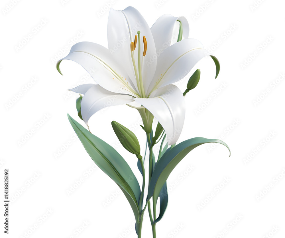 Fototapeta premium Elegant White Lily Illustration, A romantic depiction showcasing the delicate beauty and grace of a single white lily in full bloom, symbolizing purity and love