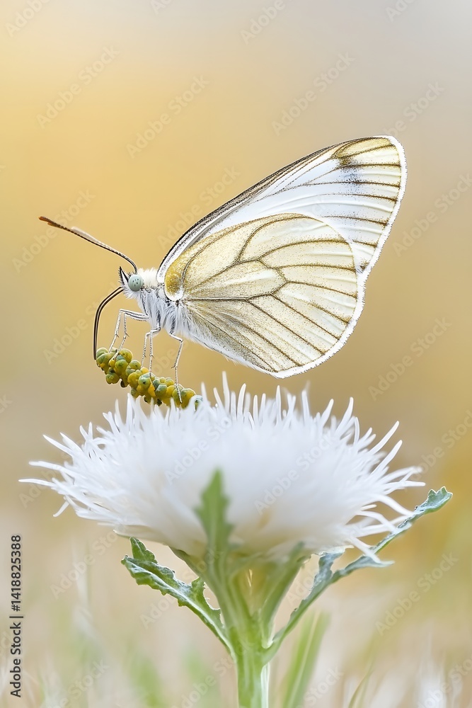 Naklejka premium Elegant White Butterfly on Delicate Flower, Soft Pastel Nature Scene