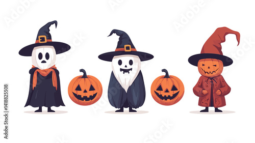 The digital illustration shows four cartoon characters in Halloween costumes, including two that look like ghosts, wearing pointy witch hats and dark blue and black capes;