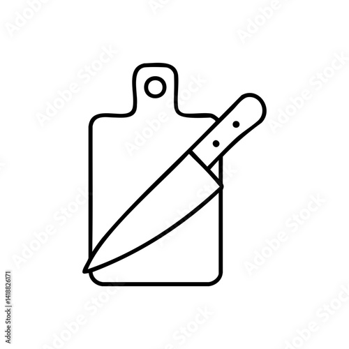 Simple black line illustration of a chef’s knife on a cutting board, ideal for cooking apps, food blogs, or recipe websites.