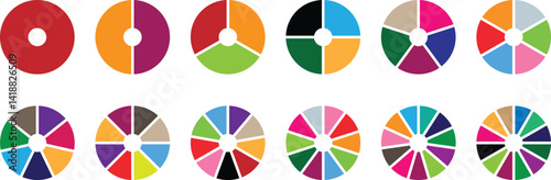 Pie chart icons set. Colorful diagram collection. Segment slice sign. Circle section graph. 1, to 12 segment infographic. web design, business presentation, marketing map or download progress 