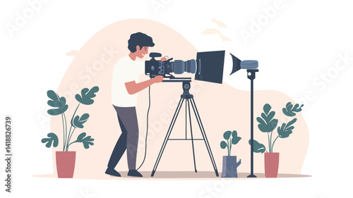 Flat vector illustration of a photographer meticulously operating a large format professional camera mounted on a tripod. The camera has multiple lenses, indicating high-end equipment.