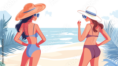 This vibrant vector illustration shows two stylized female characters enjoying a summer beach vacation from behind. Each woman is wearing a sun hat and sunglasses and a bikini.