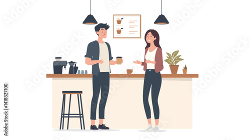This illustration shows a minimalist cafe interior in a clean white palette with touches of earthy tones. Two young people, a man and a woman, stand at the simple counter and chat.