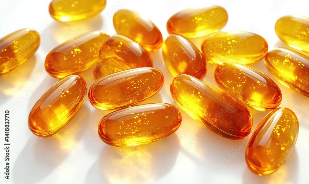 Closeup of Omega 3 Fish Oil Capsules on White Background Closeup of Omega 3 Fish Oil Capsules on White Background
