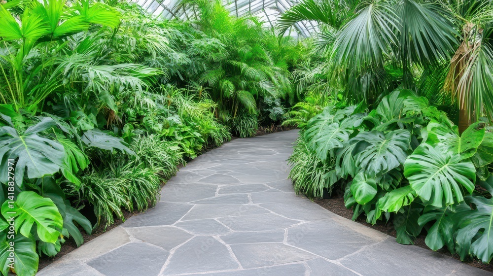 Obraz premium Tranquil Pathway Through Lush Greenery: A serene stone path winds its way through a verdant tropical paradise, inviting you to explore the lush foliage and embrace tranquility.