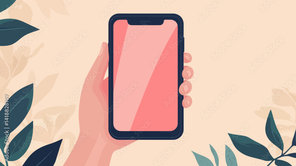 Hand Holding Smartphone with Blank Screen in Nature, Vector Illustration for Technology and Connectivity Concept