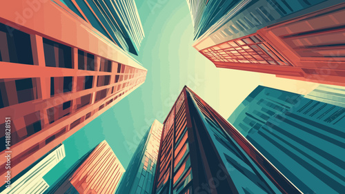 Abstract Low Angle View of Modern Skyscrapers in Flat Minimalist SVG Vector Style, Urban Cityscape, Architectural Design, Futuristic Building Concept, Vibrant High-Rise Illustrated Art