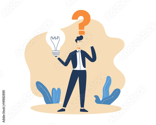 Smart Businessman Holding Question Mark and Lightbulb Symbolizing Problem Solving and Creative Thinking in Flat Minimalist Style SVG Vector