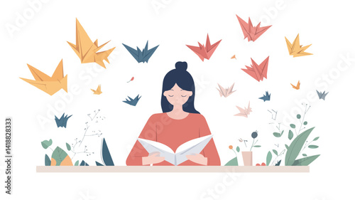 This vector illustration depicts a young woman with dark hair tied in a bun, wearing glasses and a coral top, sitting at a table, concentrating on reading an open book.