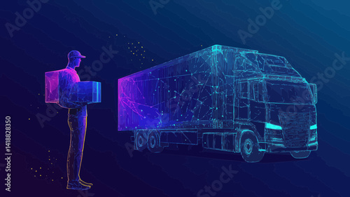 Polygonal Delivery Person with Box Standing in Front of Cargo Truck in Dark Blue, Abstract Wireframe Vector, Shipping Logistics, Transportation and Business Concept