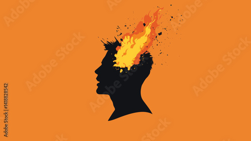 Silhouette of Man's Head Exploding with Fire and Flames Representing Stress, Overwhelmed Mind, Creative Burst Concept