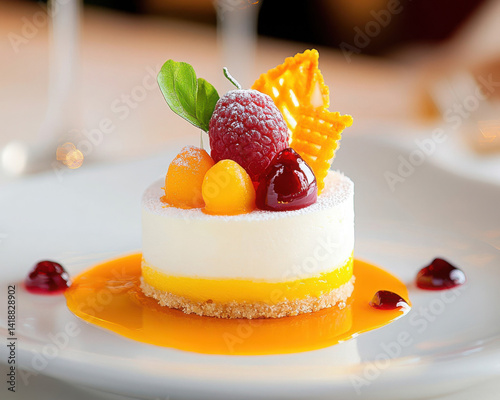 Obraz na płótnie Delicious cheesecake topped with fresh fruits and vibrant garnishes. w salonie