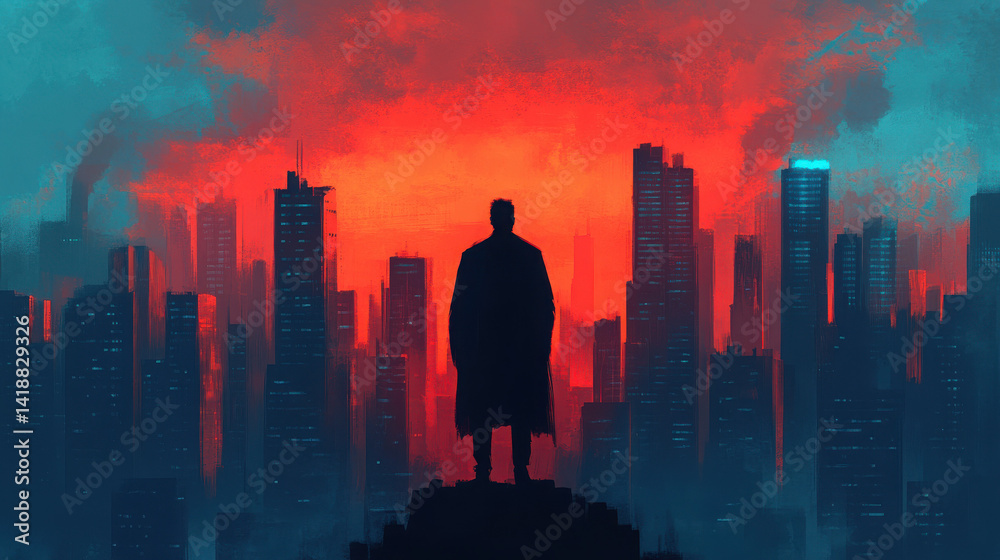 Silhouette of a person against a dramatic urban sunset backdrop.