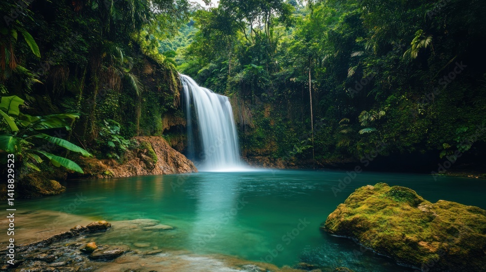 Fototapeta premium Lush waterfall cascading into a tranquil pool, surrounded by dense tropical foliage