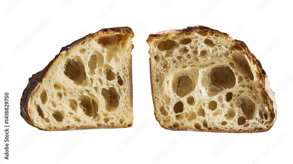 Sourdough Bread Crumb: A close-up shot of a perfectly baked sourdough bread loaf, sliced open to reveal the airy and light interior crumb. The bread's texture is highlighted. Sourdough Bread Crumb: A close-up shot of a perfectly baked sourdough bread loaf, sliced open to reveal the airy and light interior crumb. The bread's texture is highlighted.