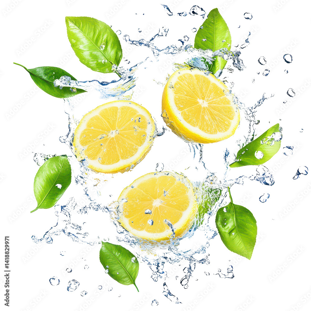 Lemon Splash: Vibrant lemon slices burst from a splash of cool, refreshing water, accented by verdant green leaves. A captivating display of natural freshness.