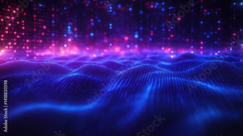 Futuristic digital cyberspace with glowing blue gridlines wavy patterns neon lights dark background 3D depth of field cinematic technology network connection abstract flow