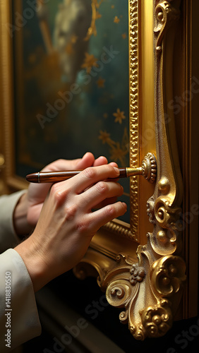 Hands gild a Baroque frame with gold leaf, roller varnishes carvings. Textures: flaking gold, woodworm holes. Candlelight + spotlight drama.