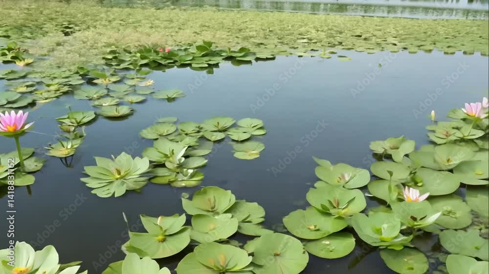 Tranquil Pond Scene with Lush Green Lilypads and Colorful Flowers Tranquil Pond Scene with Lush Green Lilypads and Colorful Flowers