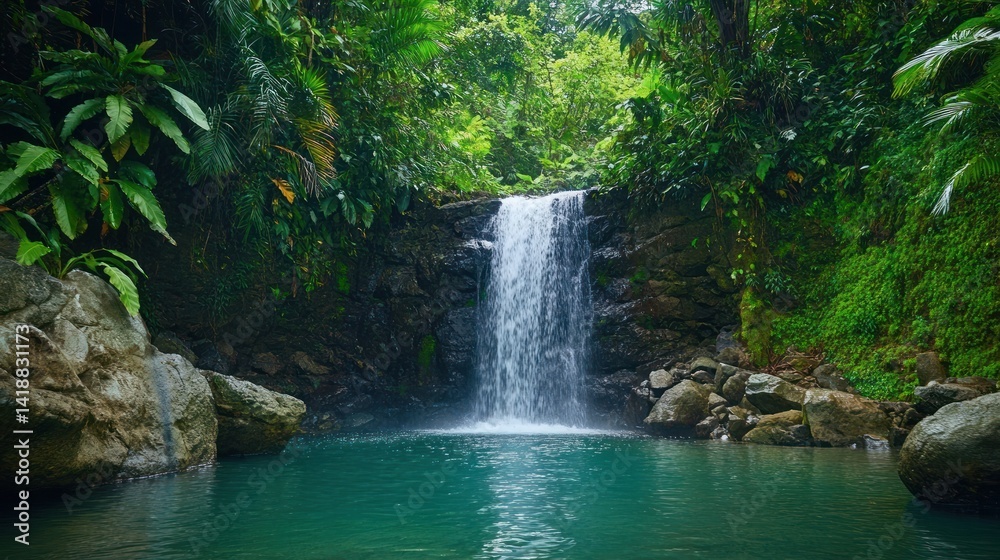 Lush waterfall cascading into a turquoise pool, surrounded by dense tropical foliage Lush waterfall cascading into a turquoise pool, surrounded by dense tropical foliage
