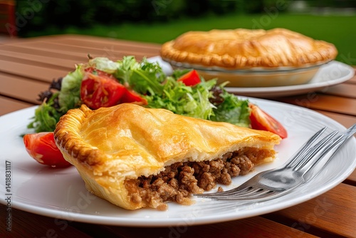 Hearty meat pie with garden salad