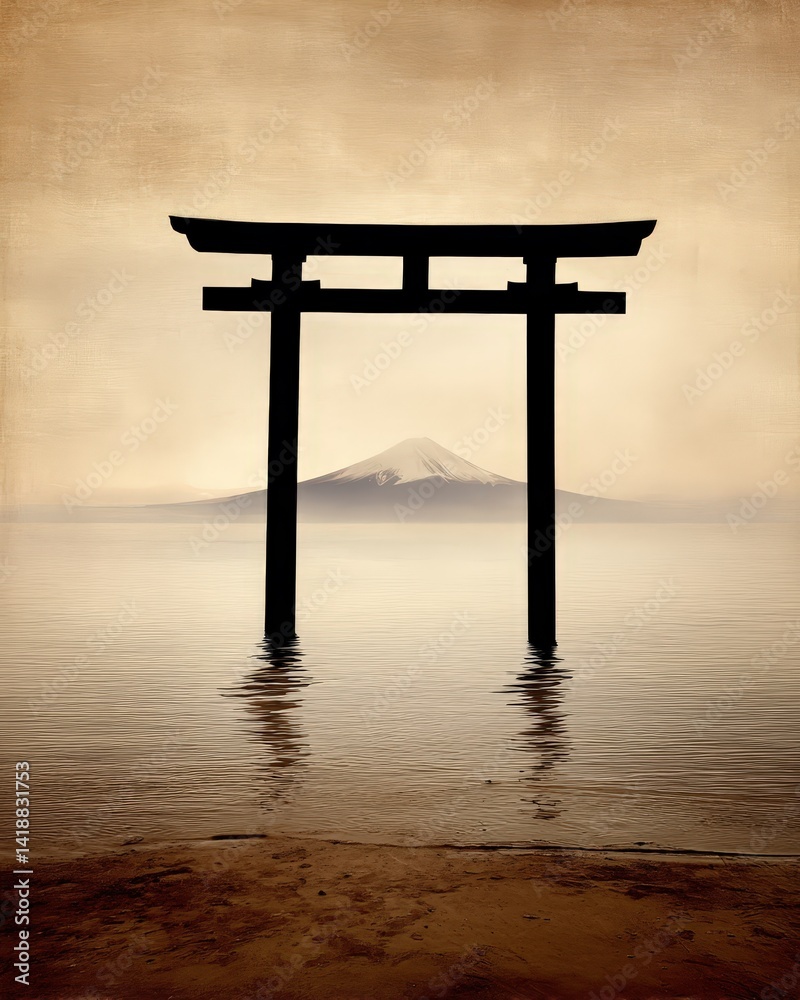 Serene torii gate stands in water with mountain view, evoking peaceful spirituality and a traditional ink wash painting aesthetic beneath a foggy sky. Serene torii gate stands in water with mountain view, evoking peaceful spirituality and a traditional ink wash painting aesthetic beneath a foggy sky.
