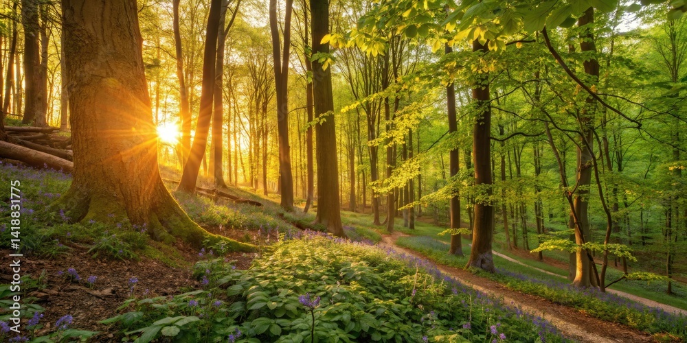 Fototapeta premium Spring forest sunset: breathtaking golden hour photography revealing vibrant nature and its environment.