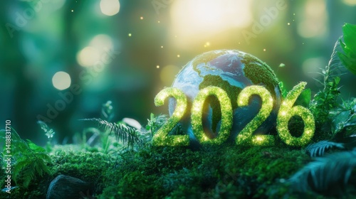 Eco-Vision 2026: A lush, green landscape featuring the earth, with the year 2026, illustrating a commitment to environmental awareness and ecological responsibility.
