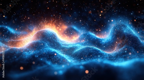 Glowing blue digital particle waves with abstract flowing motion and soft light in dark space futuristic energy pattern
