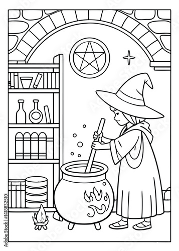 Cute Witch Stirring Potion in Cauldron Coloring Page