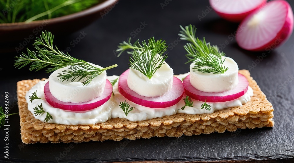 Naklejka premium Delight in this vibrant food image of crispy rye crackers topped with creamy cheese, fresh dill, and radish slices, perfect for healthy snacking inspiration