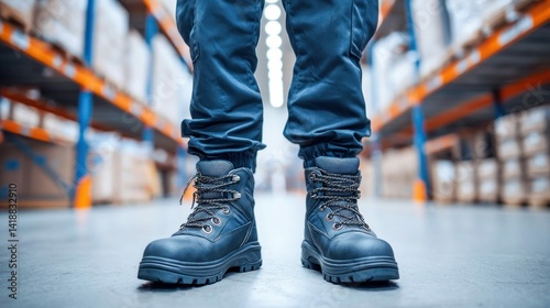 A worker stands in a warehouse, showcasing sturdy work boots with blue pants in focus.