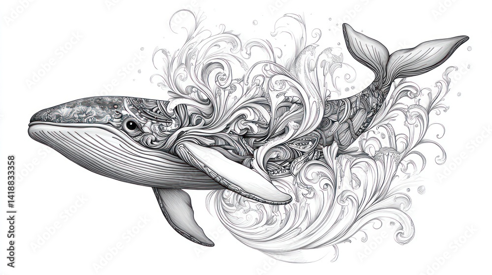 Naklejka premium Majestic whale adorned with intricate floral swirls