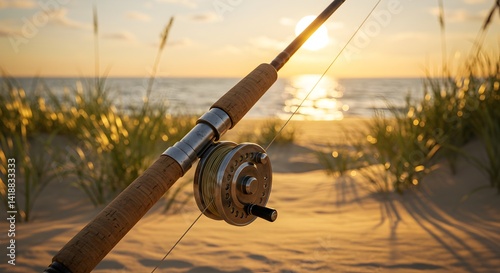 Golden hour tranquility: Fishing rod at sunset on a secluded beach landscape