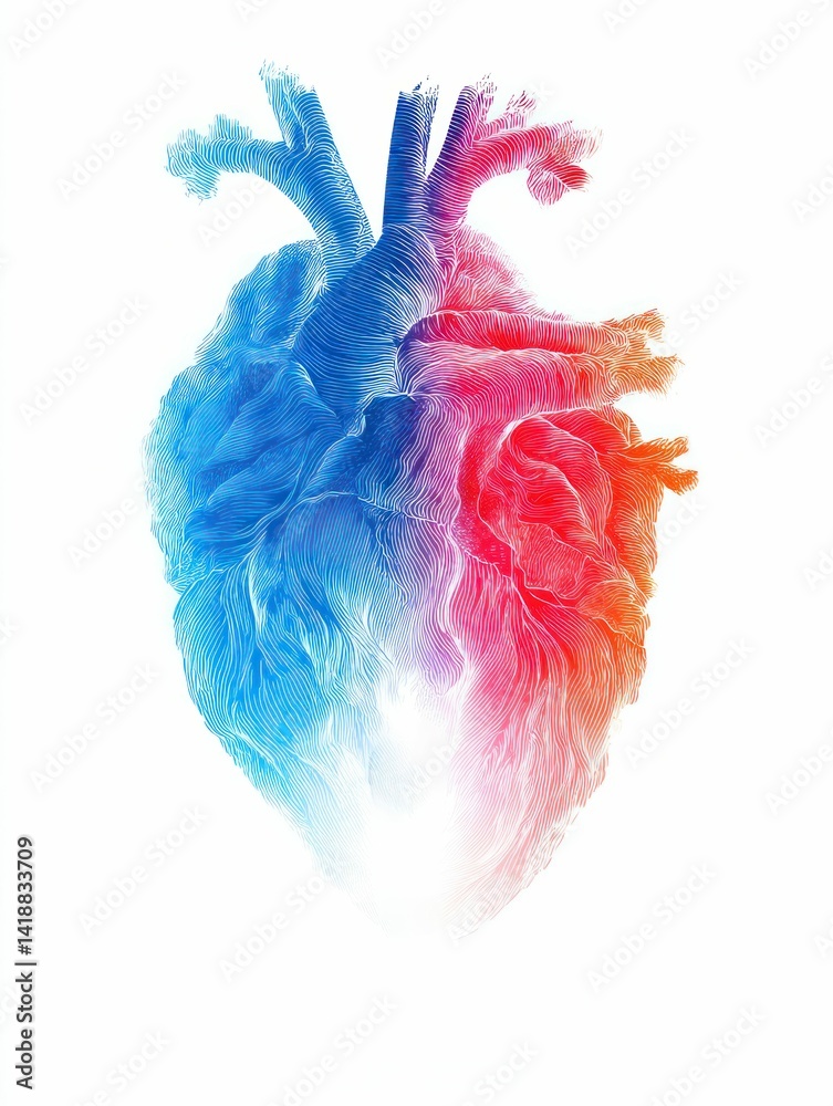 Obraz premium Artistic illustration of a human heart with intricate line detail and a gradient of colors.