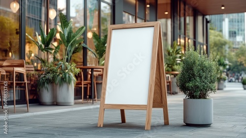 Wooden sandwich board with blank space outside a modern cafe, ready for a message.