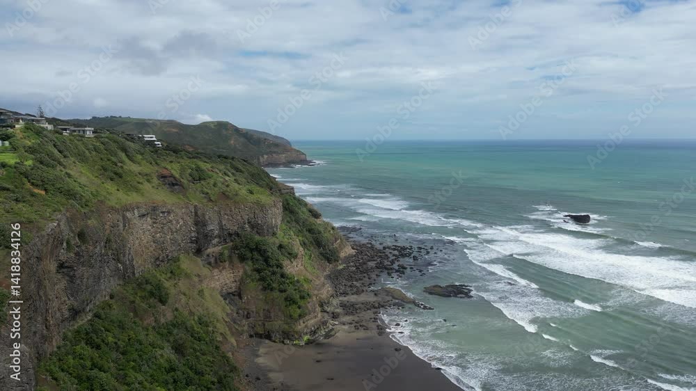 Murawai Beach Cliffs and West Coast, Auckland New Zealand, Drone Ocean View Murawai Beach Cliffs and West Coast, Auckland New Zealand, Drone Ocean View