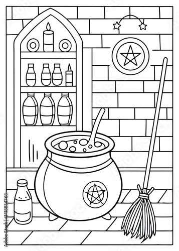Witchs Cauldron and Broom Coloring Page Illustration