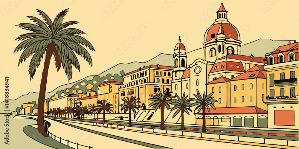 Nice skyline silhouette vector with Promenade des Anglais, Château Hill, colorful rooftops, and palm-lined streets. Nice skyline silhouette vector with Promenade des Anglais, Château Hill, colorful rooftops, and palm-lined streets.