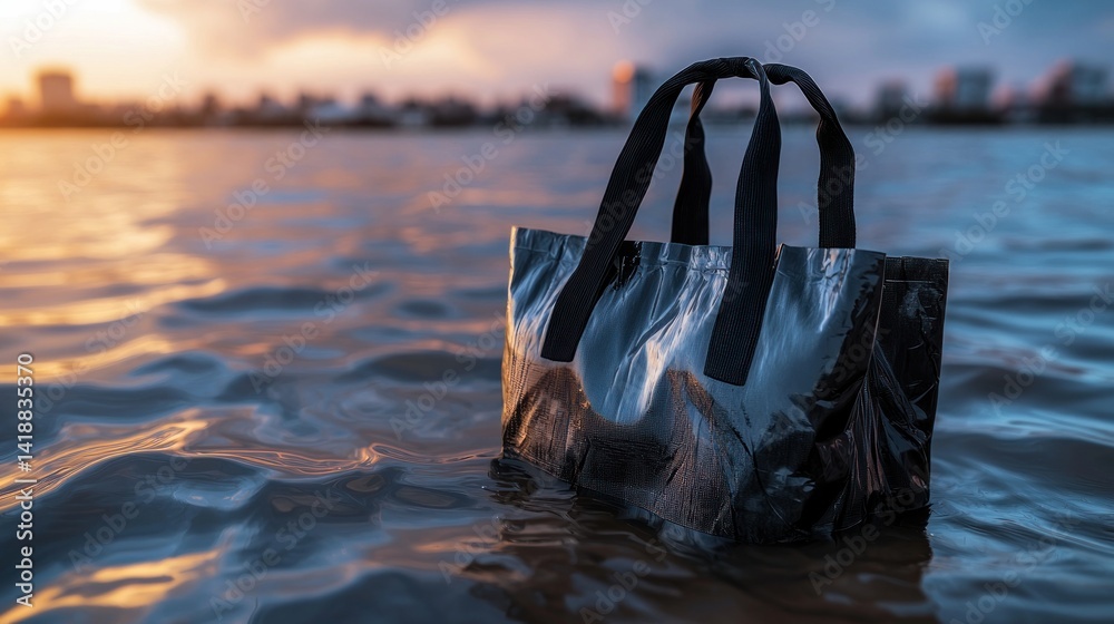 Fototapeta premium Sunset bag floats on rippled river water